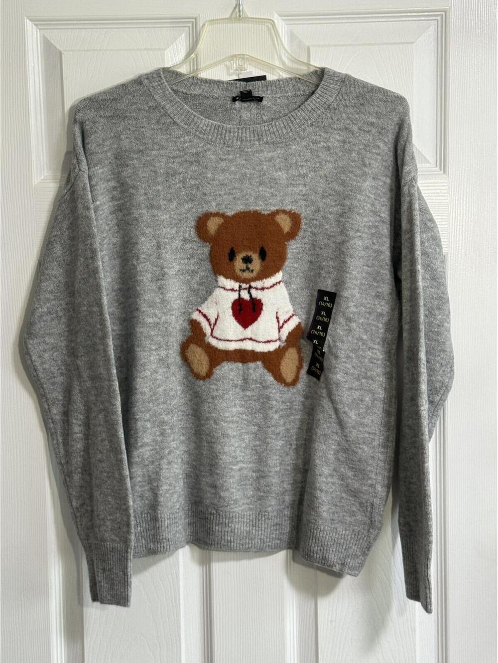 Art Class Gray Knit Teddy Bear Sweater – Size XL 14–16, NWT